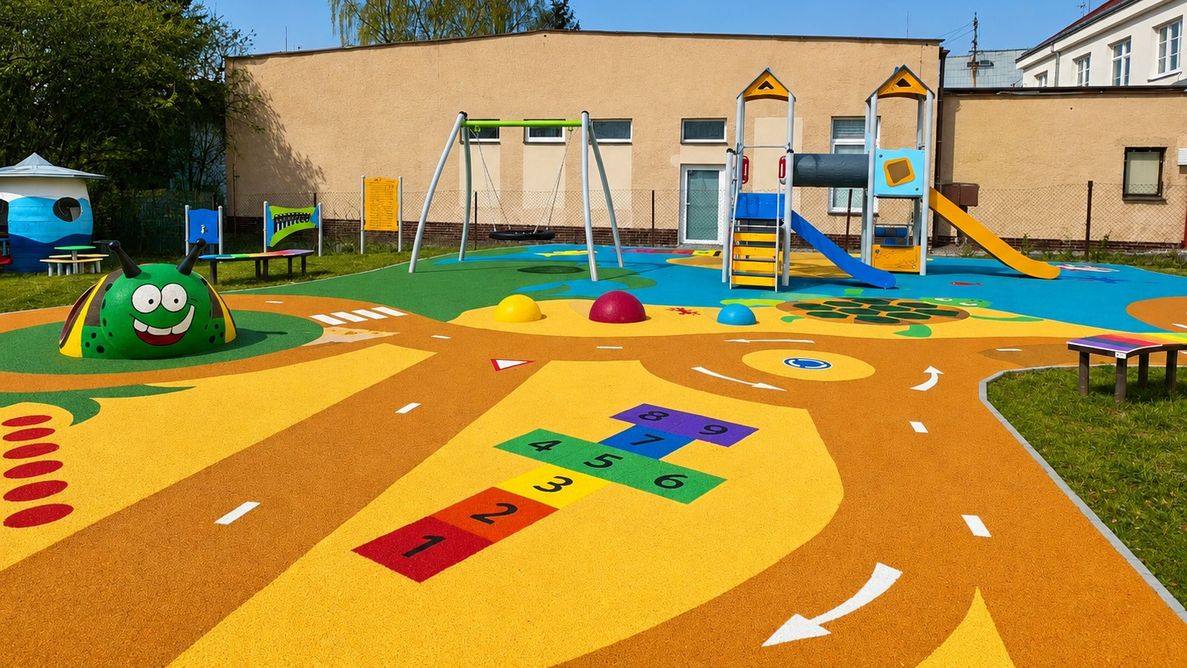 Dopadová plocha EPDM s barevnými grafickými motivy a 3D prvky podporujícími hru a pohyb dětí.