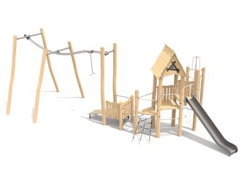 Herní sestava dřevo akát s lanovou dráhou